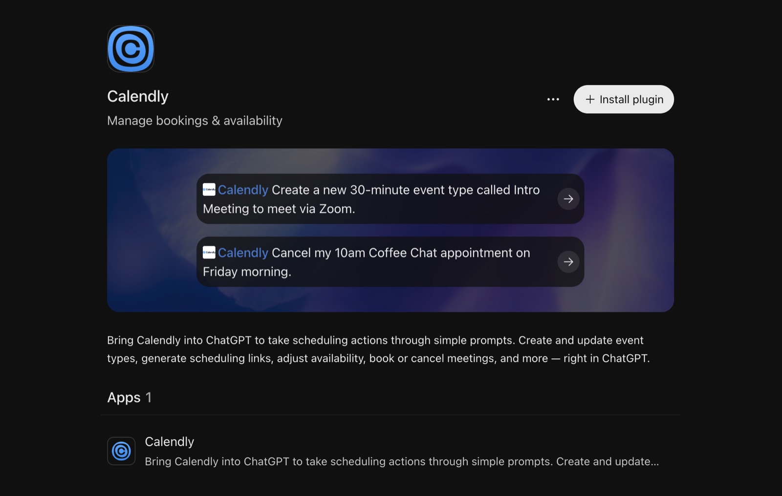 The Calendly plugin in ChatGPT with example prompts for creating and cancelling meetings