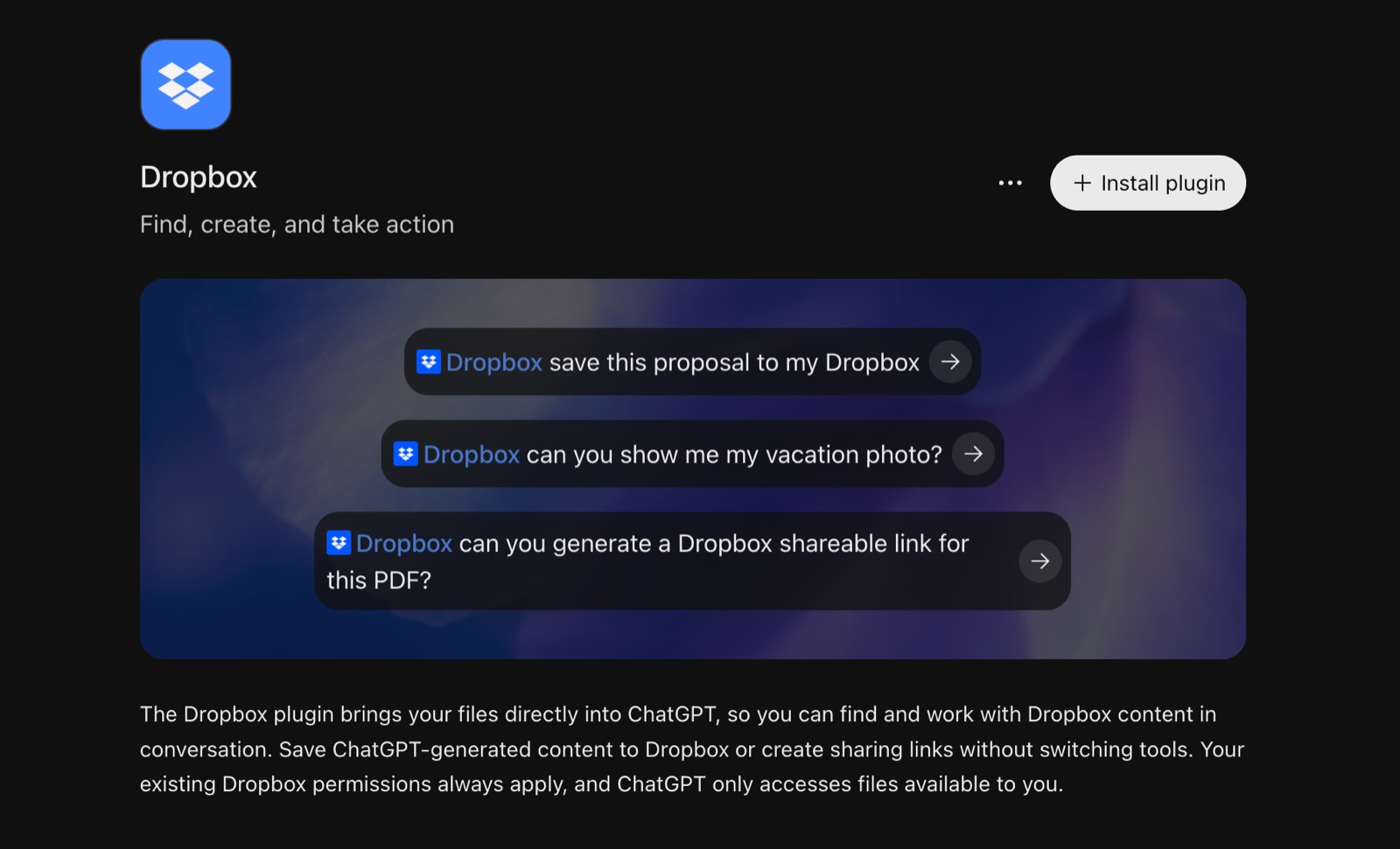 The Dropbox plugin in ChatGPT with example prompts for saving and sharing files