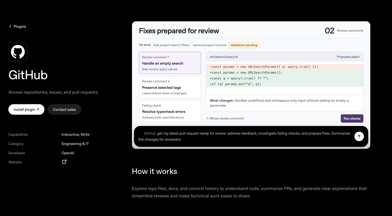 The GitHub plugin in ChatGPT preparing fixes for a pull request's review comments