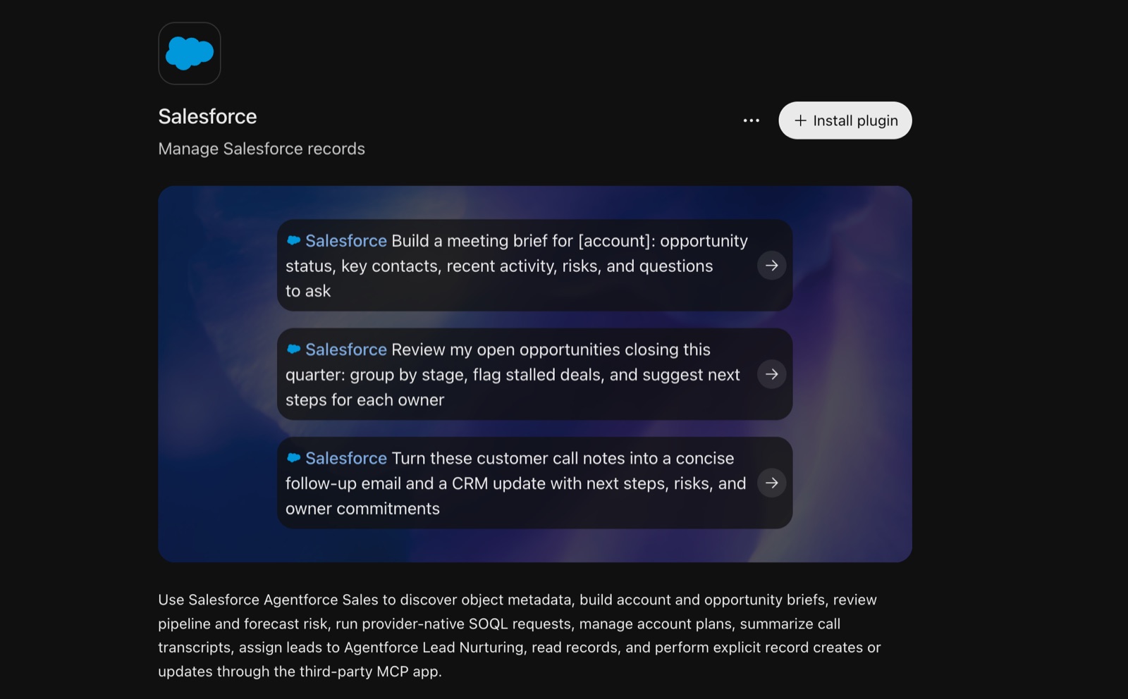 The Salesforce plugin in ChatGPT with example prompts for meeting briefs and pipeline reviews