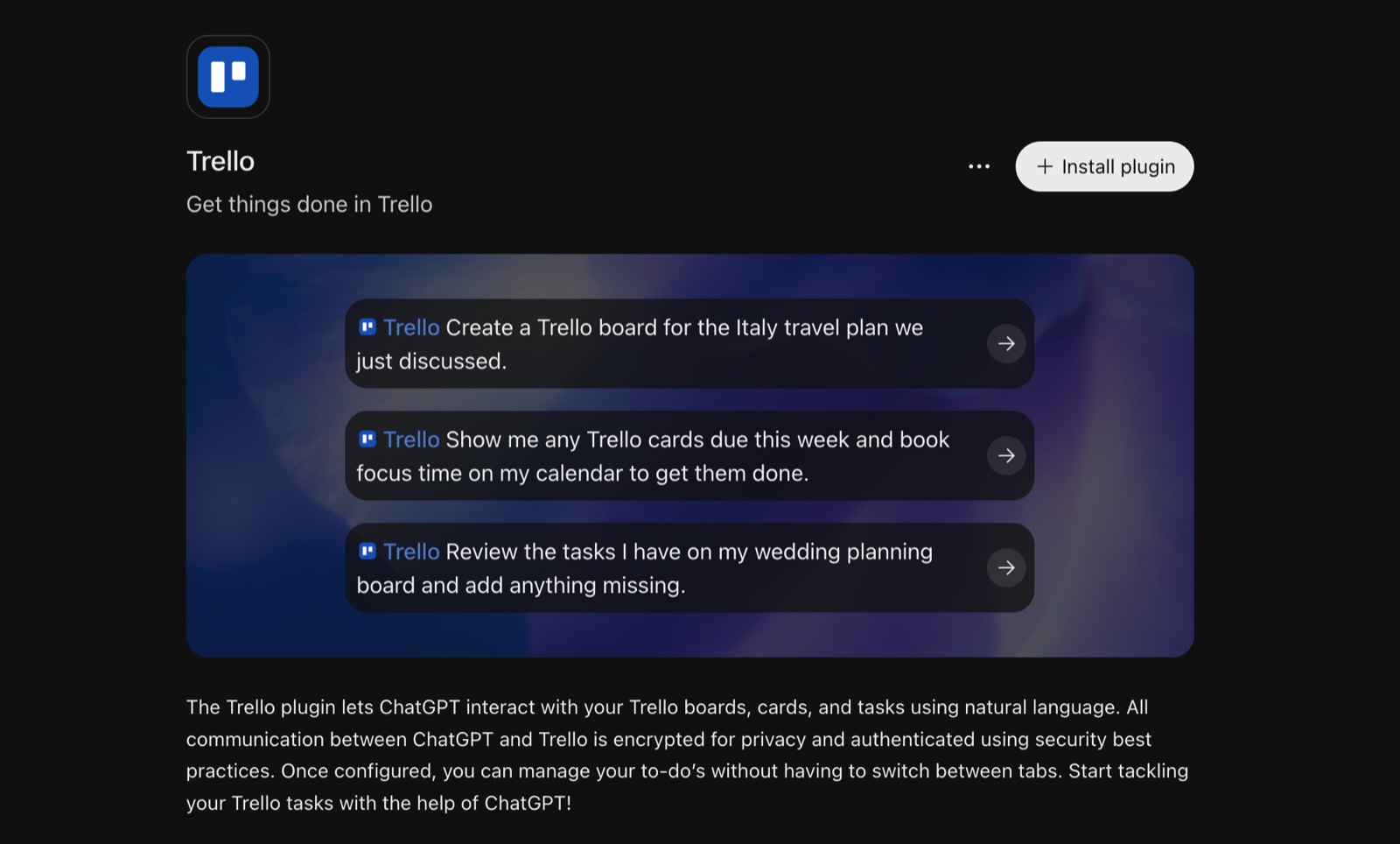 The Trello plugin in ChatGPT with example prompts for boards and cards